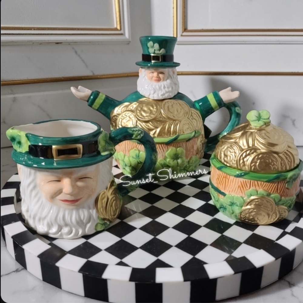 3pc St Patrick's Day Lucky Shamrock Leprechaun Pot O' Gold Teapot Sugar Creamer